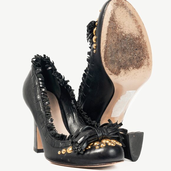 Miu Miu Black Leather Fringe-Trim Studded Bow Heels - Picture 4 of 8